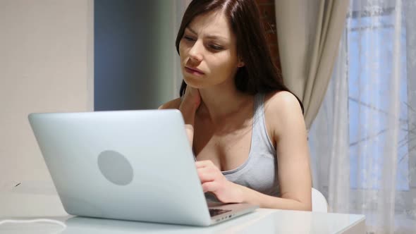 Tired Woman Girl Relaxing Muscles While Working on Laptop Stairs