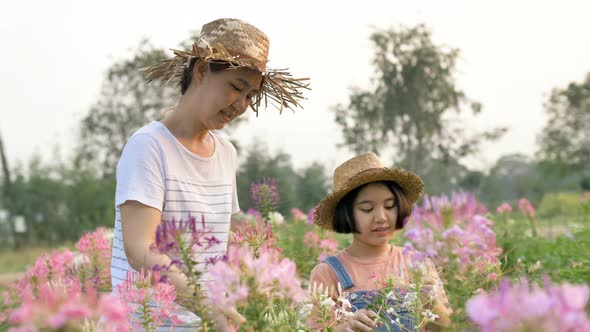 Slow motion Happy Asian mother and daughter planting flower together in the garden.