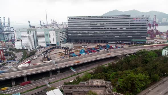 Container Terminal Wide Hong Kong Overpass Road with Heavy Traffic