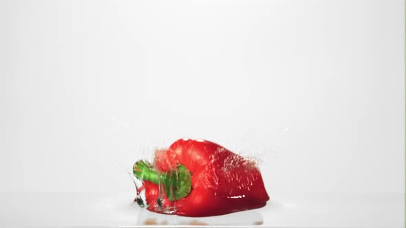 Super Slow Motion One Red Pepper Falls Into the Water with Splashes