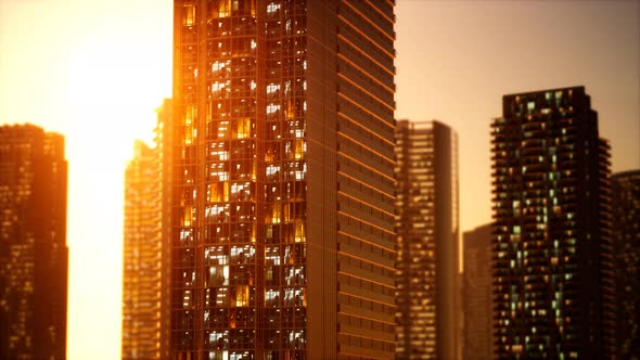 Sunset Aerial Shot of Skyscrapers of Business Centre alt