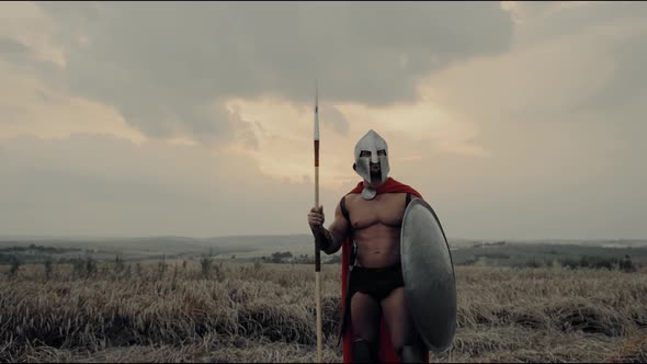 Shirtless Spartan Raising Hands in Dry Field