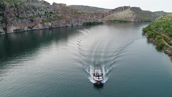 Boat Over River Aerial View 