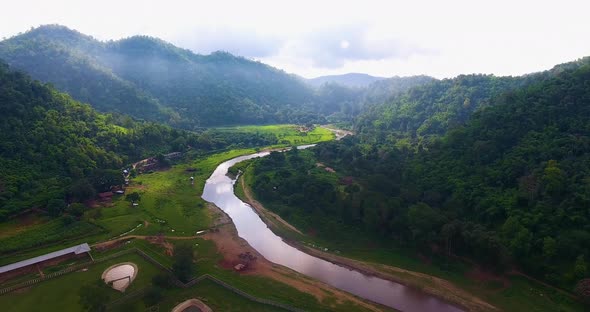 Aerial view of a river over an Elephant Refuge.