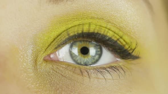 One Female Eye with Yellow Makeup Open, Blink, Look Directly at Camera. Close-up