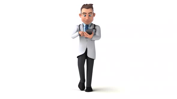 Fun 3D cartoon doctor walking with a smartphone