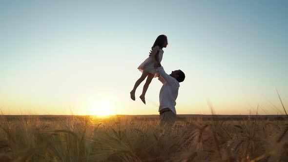 Happy father raising little daughter up in the air in wheat field at sunset