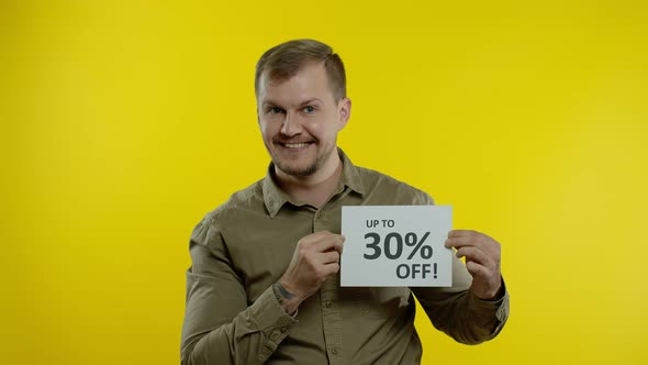 Smiling Man Showing Up To 30 Percent Off Inscriptions Signs, Rejoicing Good Discounts, Low Prices