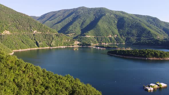 Aerial Panoramic View of Vacha Reservoir Located in Bulgaria Near the Devin City Rhodopa Mountains