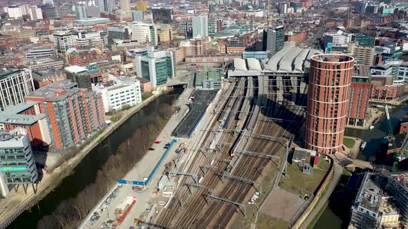 Aerial footage of the British town of Leeds in West Yorkshire UK