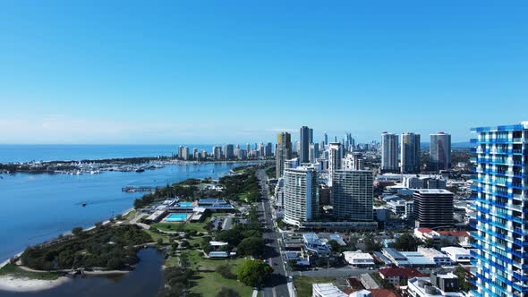 Modern towering high-rises built on the foreshore of a popular coastal city town. Gold Coast Austral