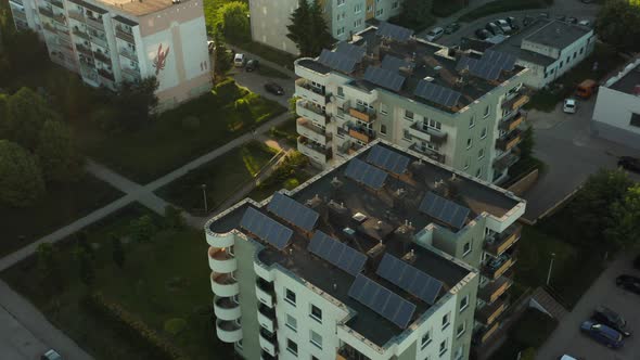 Drone Shot on Modern Multiapartment Buildings with Solar Panels on the Roofs