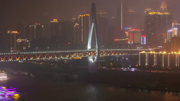 Chongqing City River Cityscape with Bridges Aerial China Timelapse Pan Up