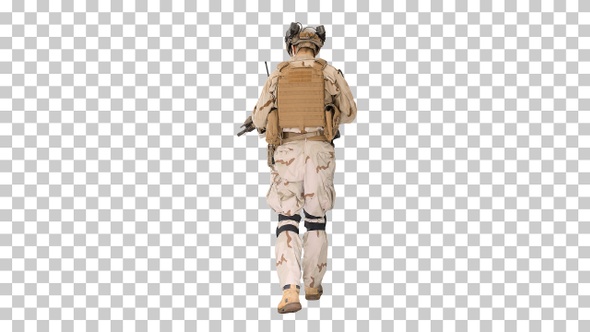 US Army ranger in combat uniform walking, Alpha Channel