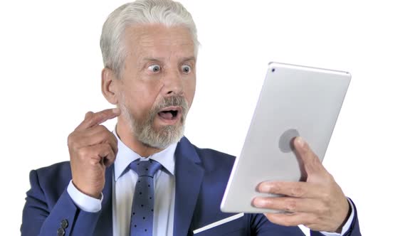 Old Businessman Celebrating Success on Tablet White Background