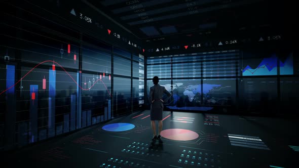 Rearview of businesswoman looking at digital animation of glowing graph interface