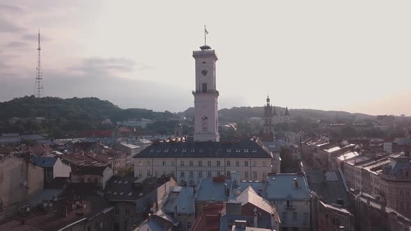 Aerial City Lviv, Ukraine. European City. Popular Areas of the City. Town Hall