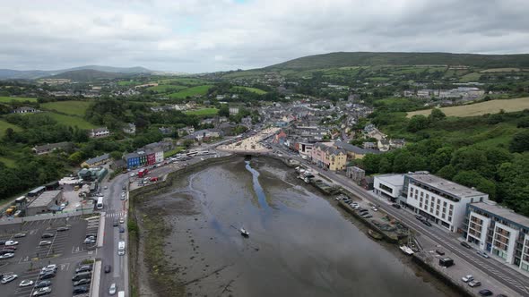 Bantry town and harbour Ireland reverse pull back reveal aerial drone view