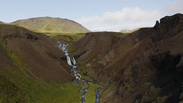 Drone shot of Djúpagilsfoss Waterfall in iceland