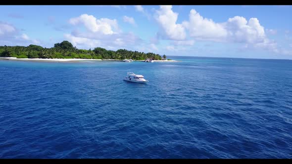 Aerial drone sky of idyllic resort beach time by transparent ocean with white sand background of a p