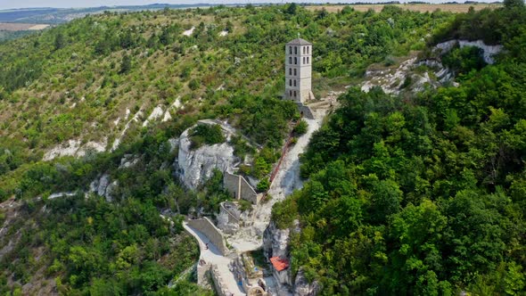 Aerial view of historical orthodox monasteries on the top of cliffs