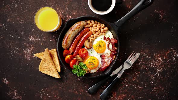 Delicious English Breakfast in Iron Cooking Pan