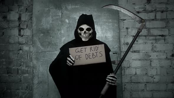 Death with a Scythe Raises a Sign with the Inscription Get Rid of Debts