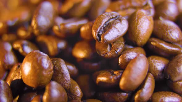 Close Up of Roasted Coffee Beans Spinning Seeds of Coffee