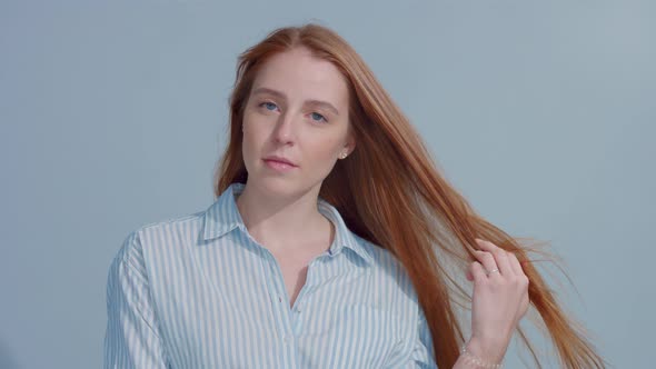 Gingerhead Red Hair, Ginger Hair Model with Blue Eyes on Blue Background