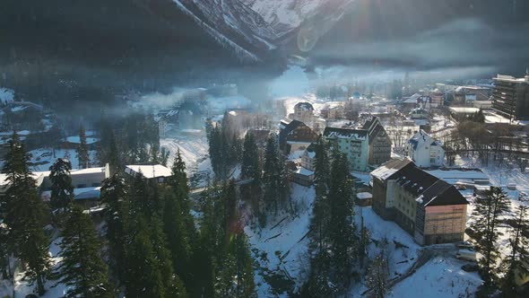 Aerial View of Dombai Village in Winter in the North Caucasus