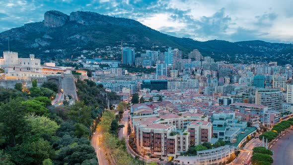 Panorama of Monte Carlo Day To Night Timelapse From the Observation Deck in the Village of Monaco