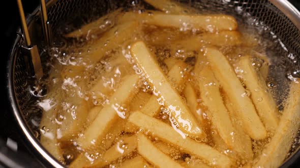 Cooking French Fries Potatoes in Deep Fryer