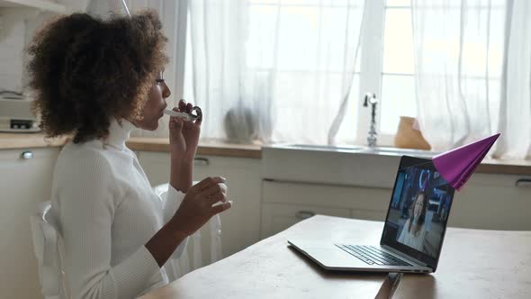 Lady Enjoys Online Birthday Blows Pipe and Looks at Laptop