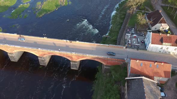 Long Old Brick Bridge, Kuldiga, Latvia Across the Venta River. Captured From Above.
