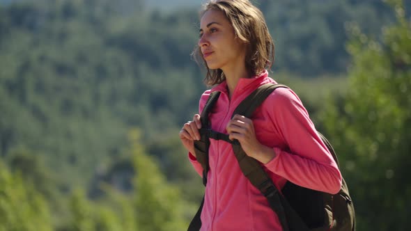 Camera Moving Around Attractive Woman Hiker Young Happy Young Woman Hiking Adventure Outdoor