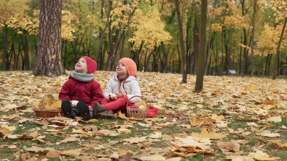 Little Preschool Kid Siblings Girl And Boy Smiling On Plaid Yellow Fallen Leaves In Basket Picnic