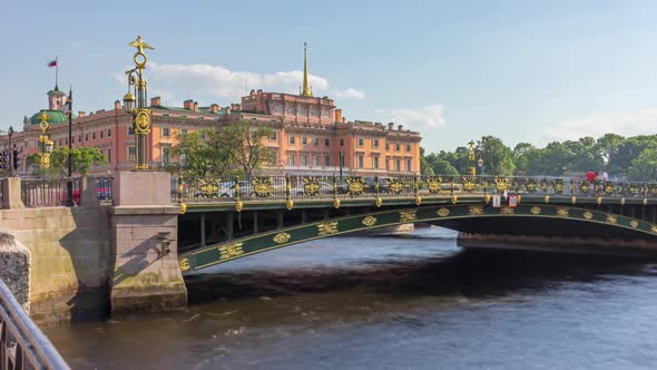 View of Mikhailovsky Castle and Panteleymonovsky Bridge in Saint Petersburg.