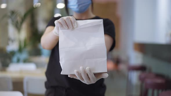 Closeup Paper Bag with Packed Lunch in Female Caucasian Hands with Blurred Young Woman in