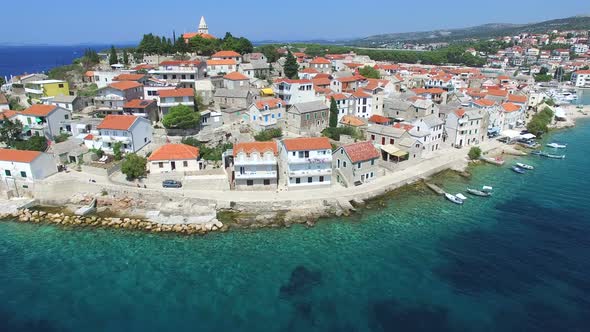 Aerial view of traditional dalmatian town with church in the middle, Croatia