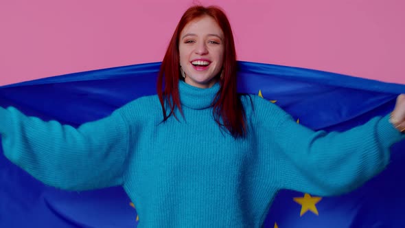 Pretty Teen Girl Waving European Union Flag Smiling Cheering Democratic Laws Human Rights Freedoms