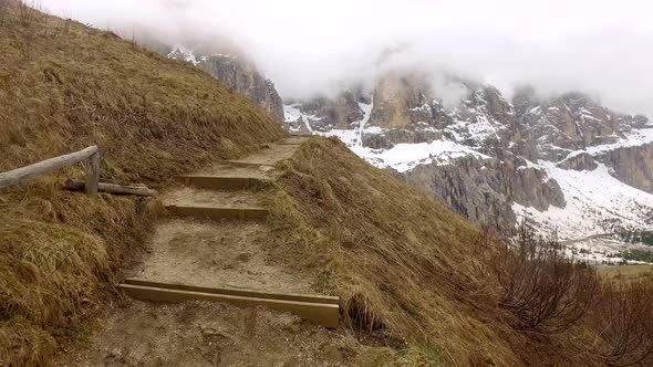 Mountain path in Passo Gardena in the Dolomites Mountains, South Tyrol, Italy