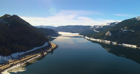 Cars Trucks Drive Across Interstate 90 Highway Snoqualmie Pass Usa Aerial View Lake Keechelus