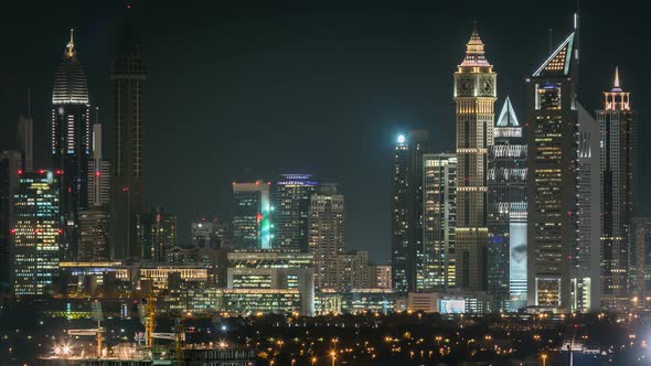 Scenic Dubai Downtown Skyline Timelapse at Night