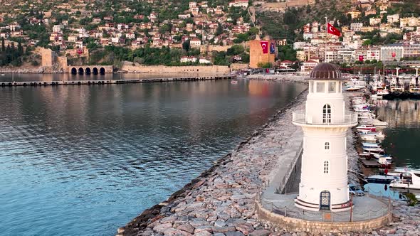 Lighthouse in Sunrıse moment aerial view Turkey Alanya 4 K