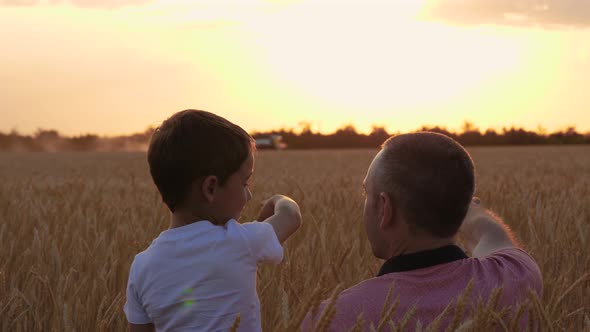 A Father Shows His Son To a Combine Harvester That Is Harvesting Wheat. Family Business, Happy