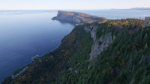 Forillon National Park, Gaspe, Quebec, Canada. Drone. 4K. Landscape of peninsula and ocean panorama.