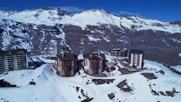 Panoramic view of Ski station centre resort at snowy Andes Mountains.