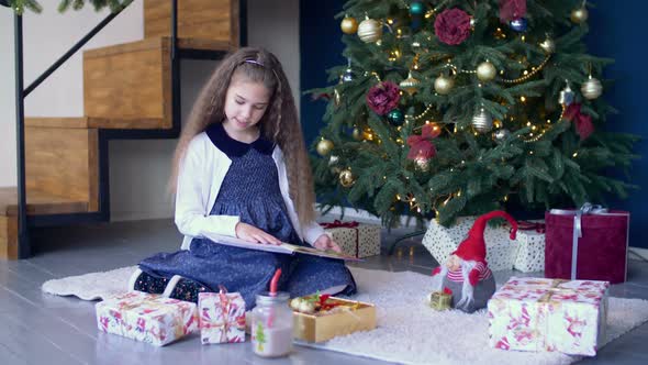 Positive Girl Reading a Book Under Christmas Tree