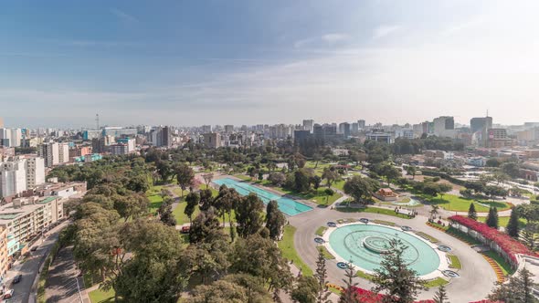 Aerial View to Park of the Reserve with Magic Water Circuit Biggest Fountain Complex Timelapse