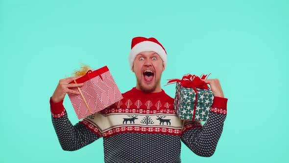 Man in Christmas Sweater Wish for Good Luck Rejoices About Receive Longawaited Gift Box Celebration